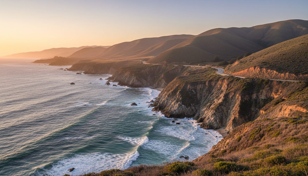 The Big Sur Pacific coast at sunset with rugged cliffs falling into the ocean, golden hills, and a coastal highway hugging the cliff edge.